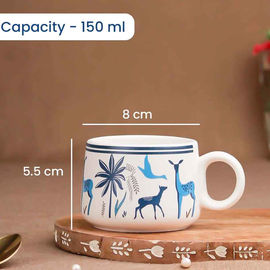 The Earth Store Stag Blue Ceramic Tea Cups | 150 ml Microwave Safe Coffee Cup