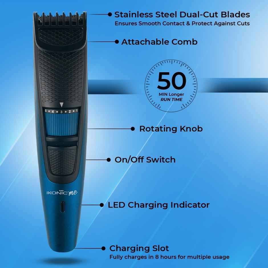 Ikonic Groom & Trim Trimmer, Led, Runtime upto 50 Mins, 10 Adjustable Length Settings - Blue