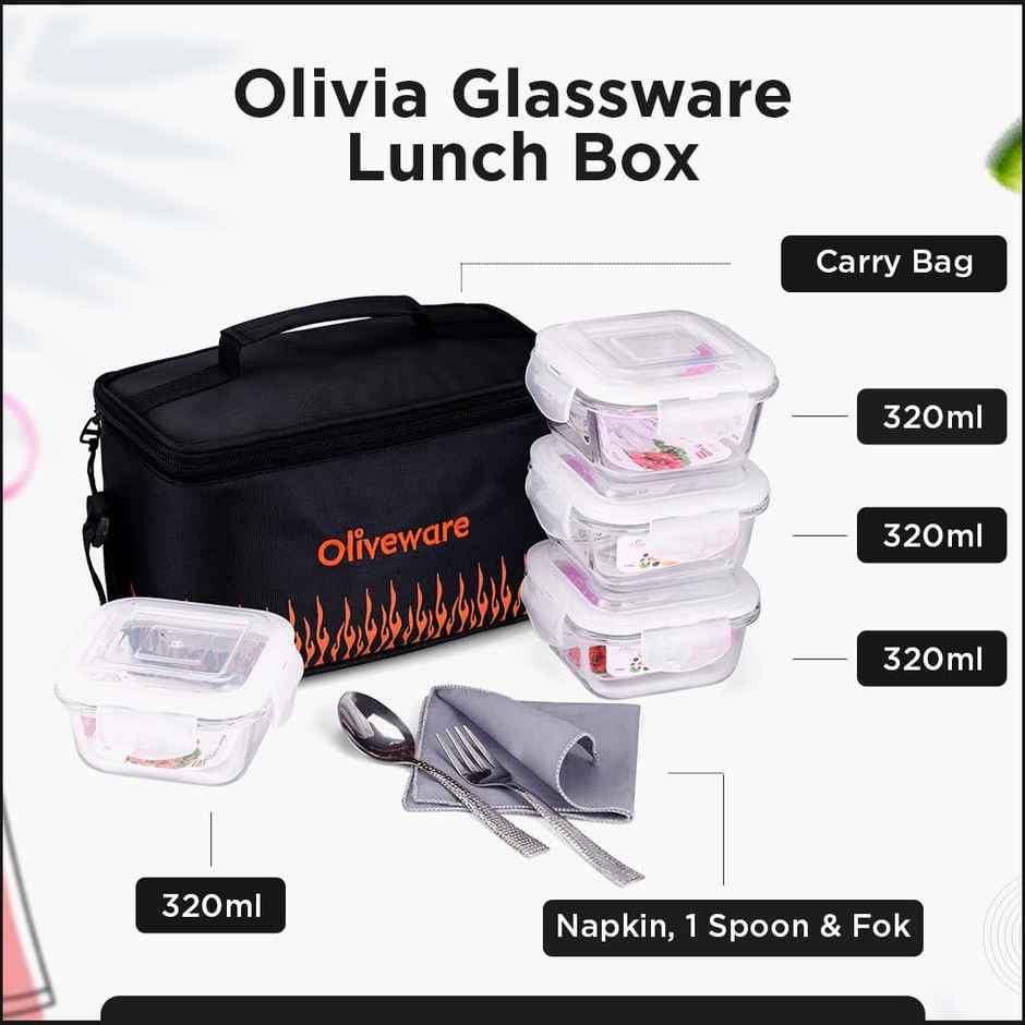 Oliveware Olivia Borosilicate Glassware Lunchbox , 4 Microwave Safe Containers - Black Orange