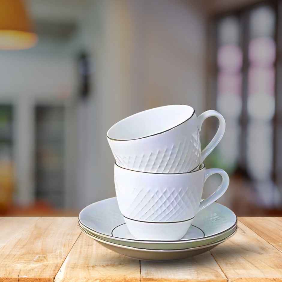 Femora Double Gold Line Diamond Cut White Ceramic Tea Cup Set With Saucer 200 ml, 2 Cups, 2 Saucers