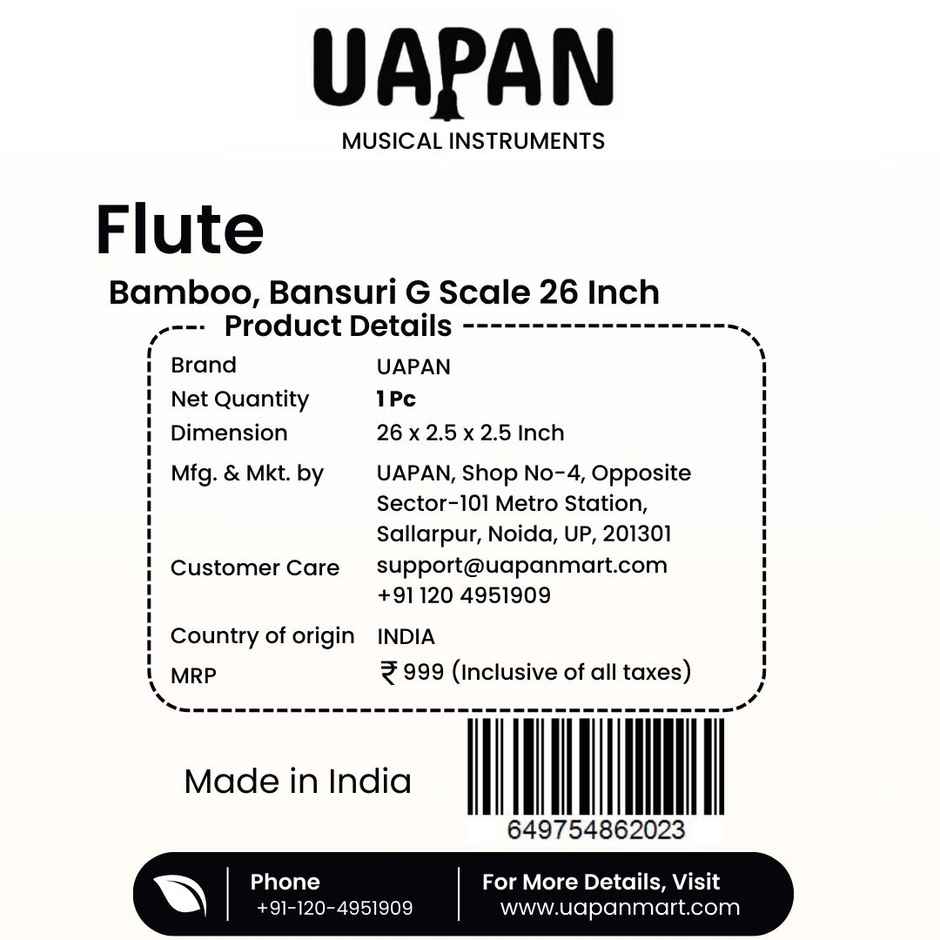 Uapan G Scale Bamboo Bansuri Flutes Bansuri Right Handed Middle 26 Inch