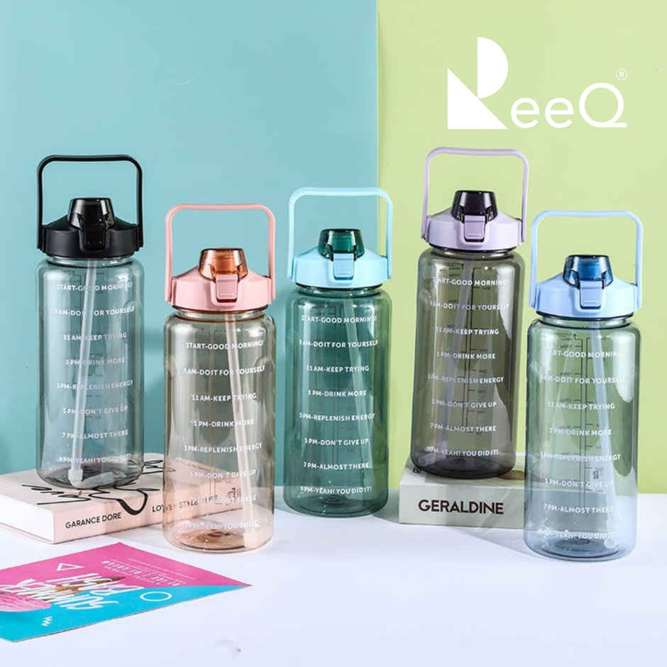 ReeQ PET Motivational Water Bottle with Straw & Time Marker | BPA Free, Leak-Proof | Pink - 2 L