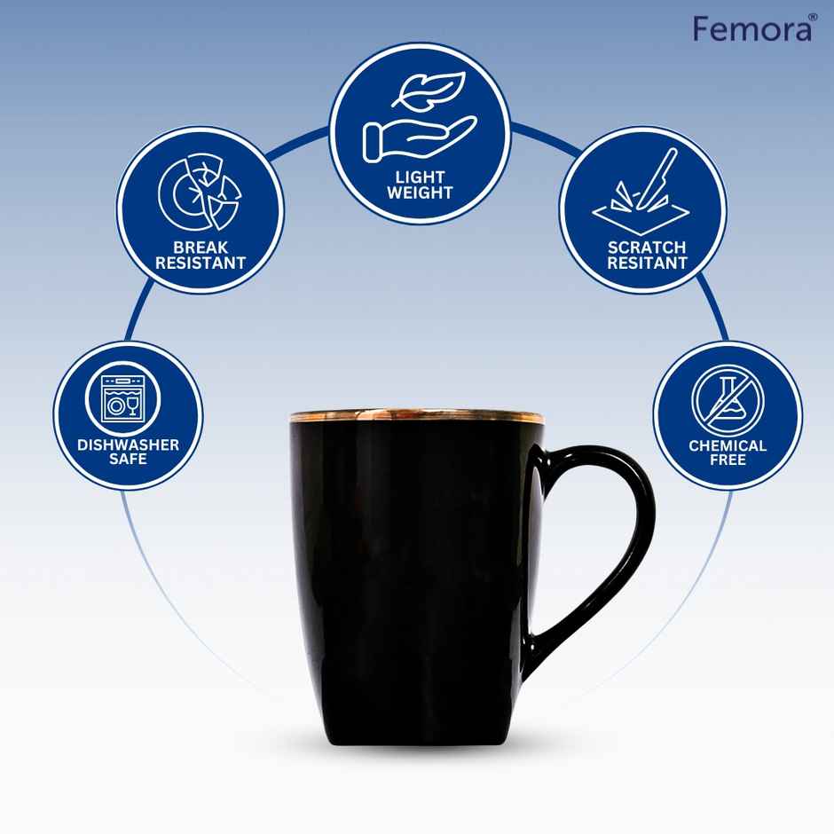 Femora Ceramic Coffee Mug - Set Of 2 (320Ml) 22K Liquid Gold Line Black