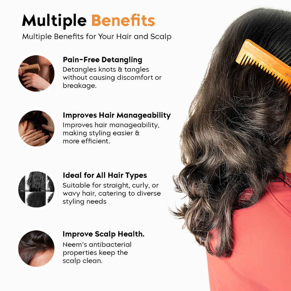 Gleva Natural Neem Wood Hair Comb, Wide Tooth Comb with Handle Anti Frizz Detangling Scalp Massage