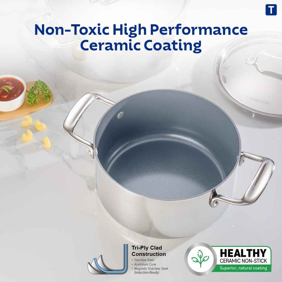 Tramontina Fusao Healthy Triply Ceramic 24cm/4.8L Casserole EX+ with SS 304 Lid | Non Toxic (PFAS/PTFE/PFOA Free) Stock Pot | Biryani Pot | Induction Friendly | Stay Cool Handle I 10 Year Warranty