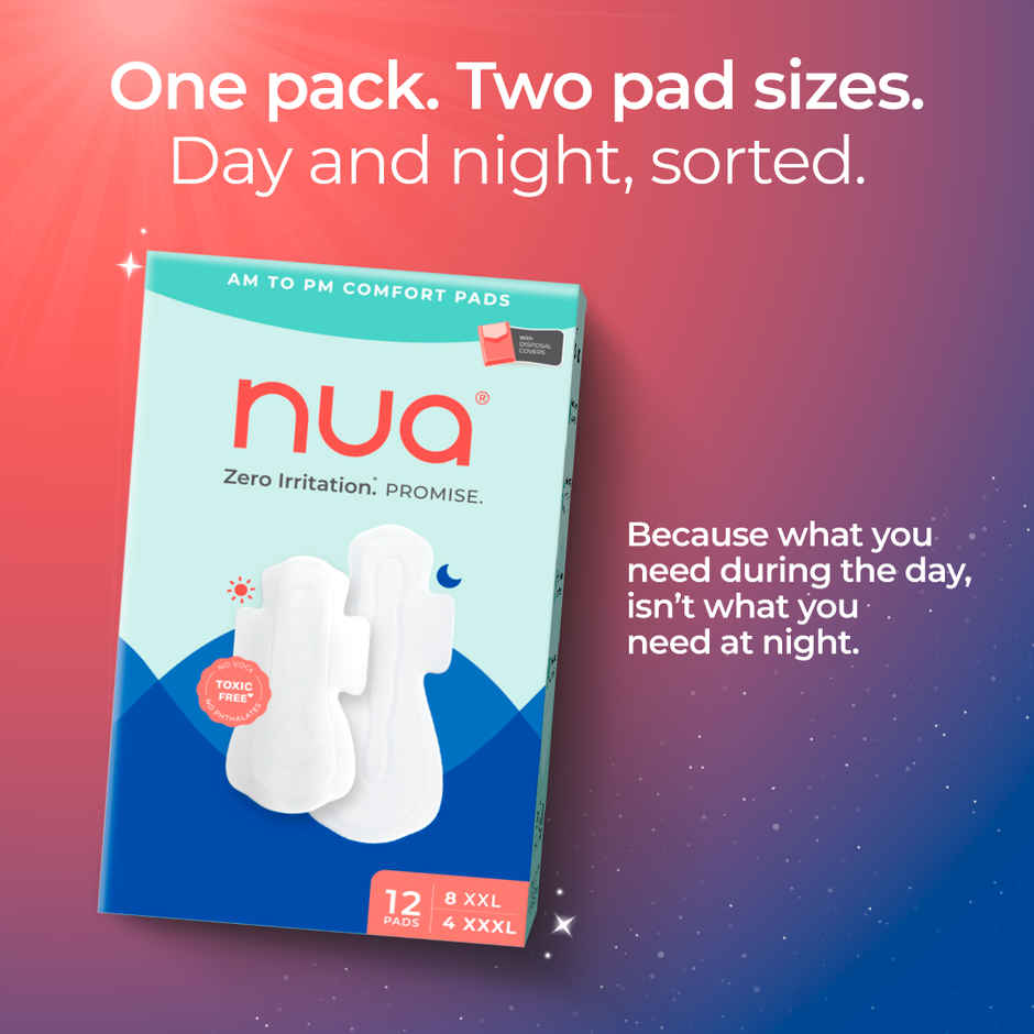 Nua Day and Night Sanitary Pads with Disposal Cover | 8 XL + 4 XXXL | XL / XXXL | 12 pcs
