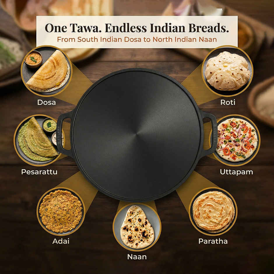 Solara Pre Seasoned Cast Iron Tawa For Dosa 12" Inch(30 Cm), 100% Pure And Toxin-Free Tawa