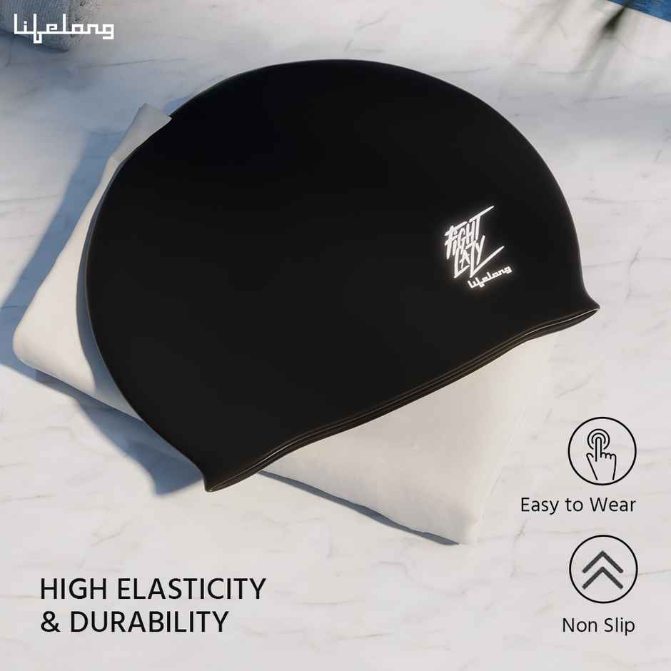 Lifelong Black Swimming Cap for Women - For Long Hair | Silicone Hair Cover Cap