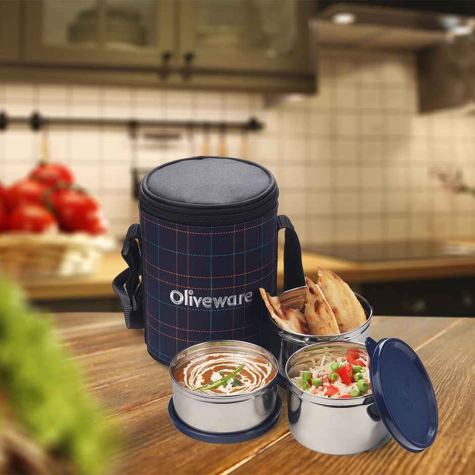 Oliveware Absolute Lunch Box, 3 Stainless Steel and Leak Proof Containers with BPA Free Lids- Blue