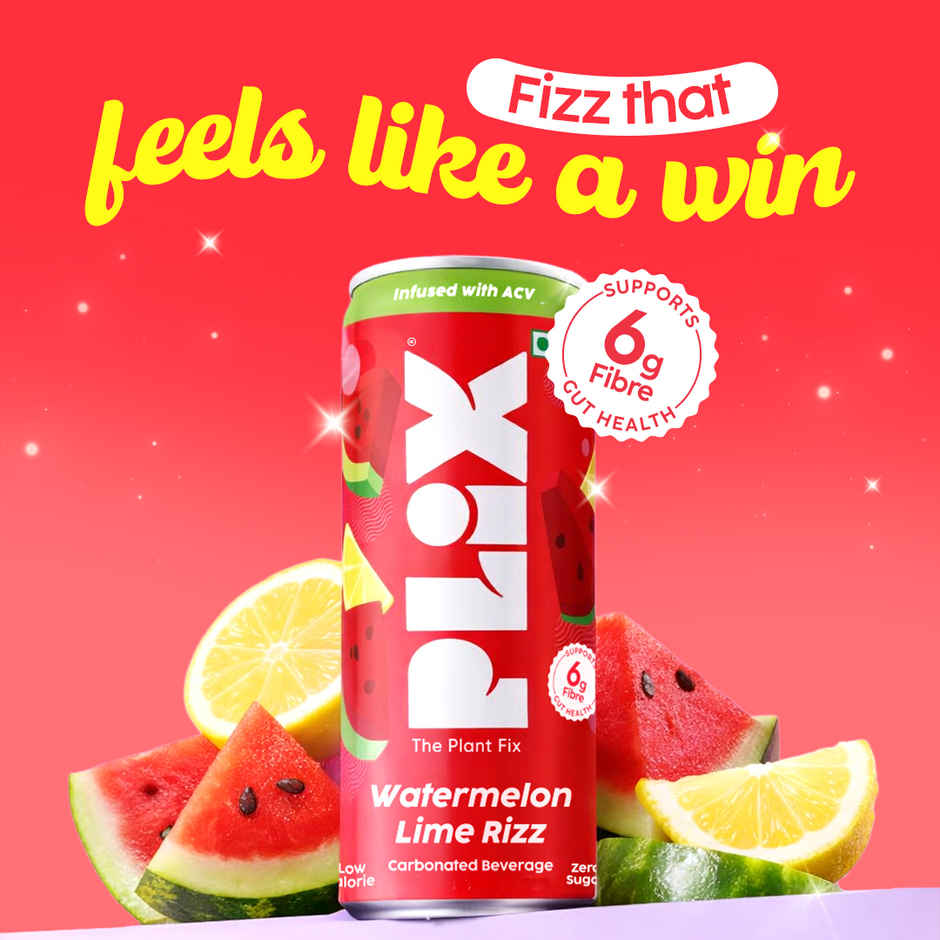 Plix Watermelon Lime Rizz Fizzy Soft Drink Can|Low Calorie & Zero Sugar|Prebiotics with 6g Fibre
