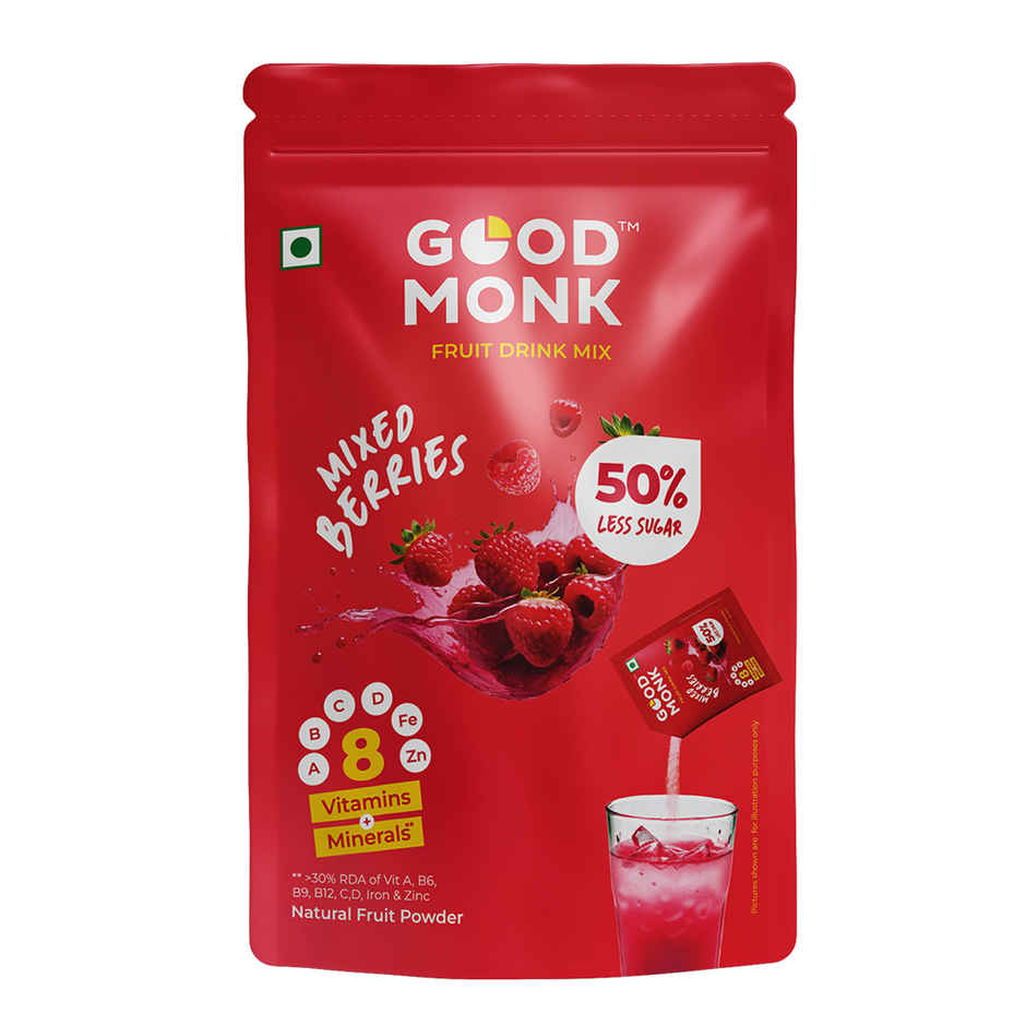Good Monk Fruit Drink Mix | Mixed Berries | 50% Less Sugar | 8 Vitamins & Minerals | 3 Sachets