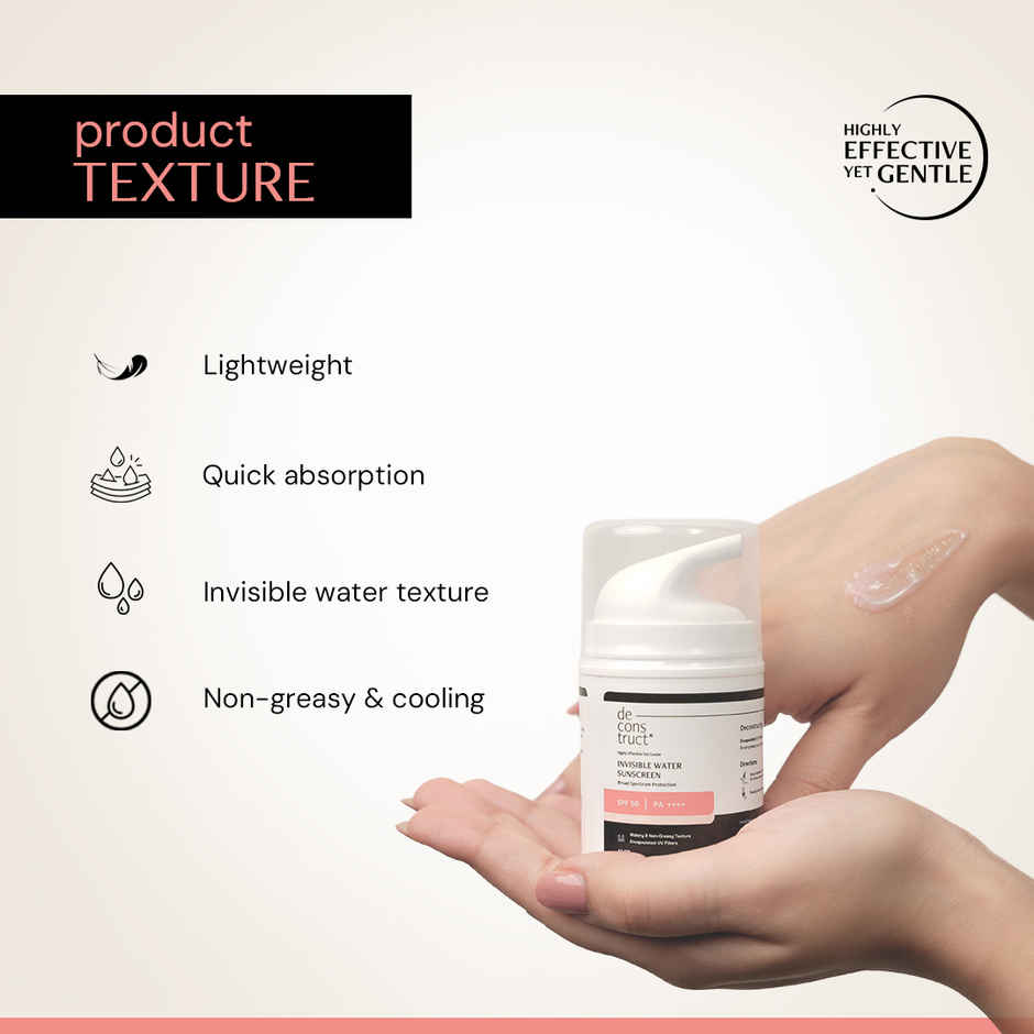 Deconstruct Invisible Water Sunscreen SPF 50 PA++++ | Instant Cooling, 8H Long Lasting & Non-Greasy