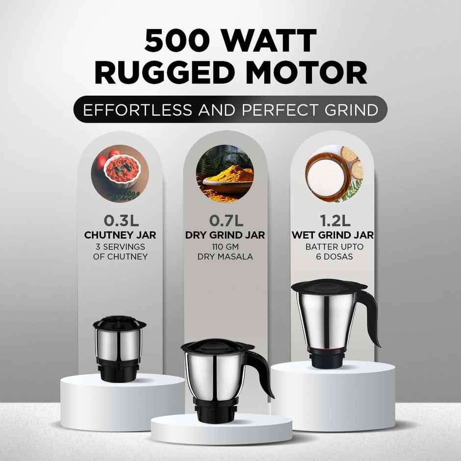 Preethi Tiara Mixer Grinder For Kitchen | 500 Watt Mixie | 3 Jars - Black & Grey