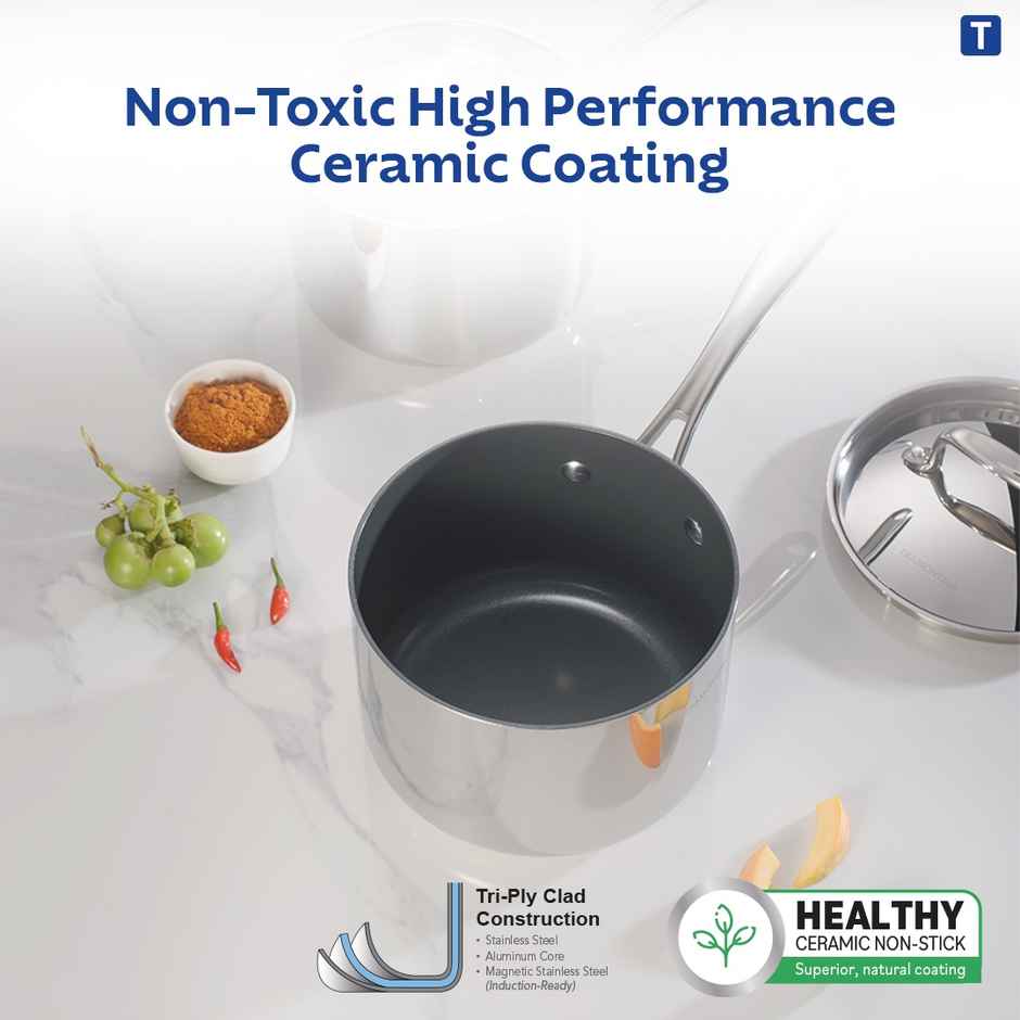 Tramontina Fusao Triply Ceramic Sauce Pan | 16 cm | Stainless Steel Lid | Induction Compatible