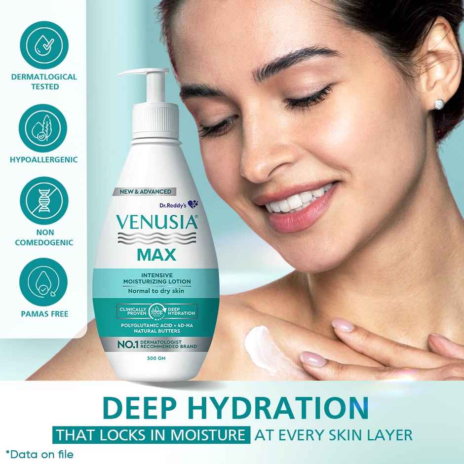 Venusia Max Intensive Moisturizing Lotion with 4D Hyaluronic+Polyglutamic Acid | Normal to Dry Skin