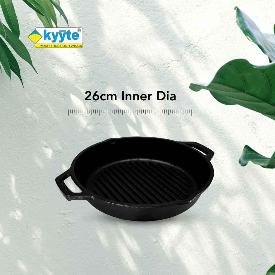 Kyyte Cast Iron Pre Seasoned Grill Skillet/ Kadai Pan 26cm Dia 10 Inch2 Side Handle