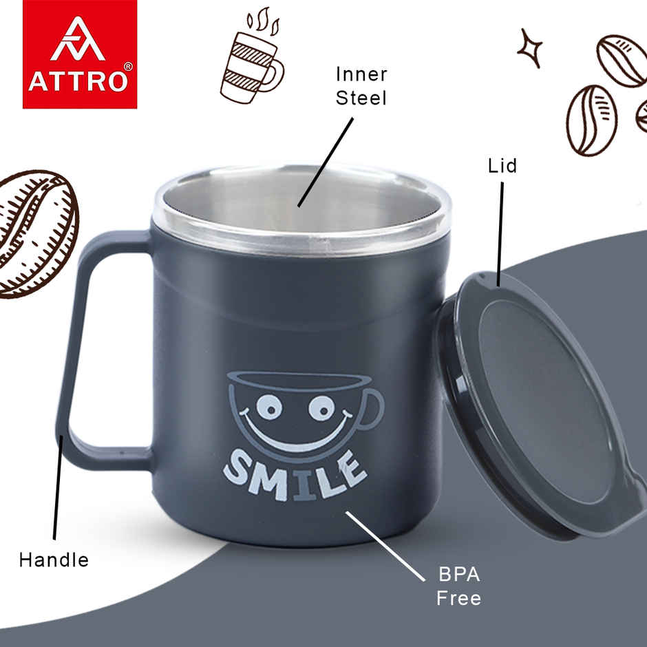 Attro Happy Mug | Double Wall Stainless Steel Lid | Cup for Hot Coffee-Tea | 300 ml | Grey