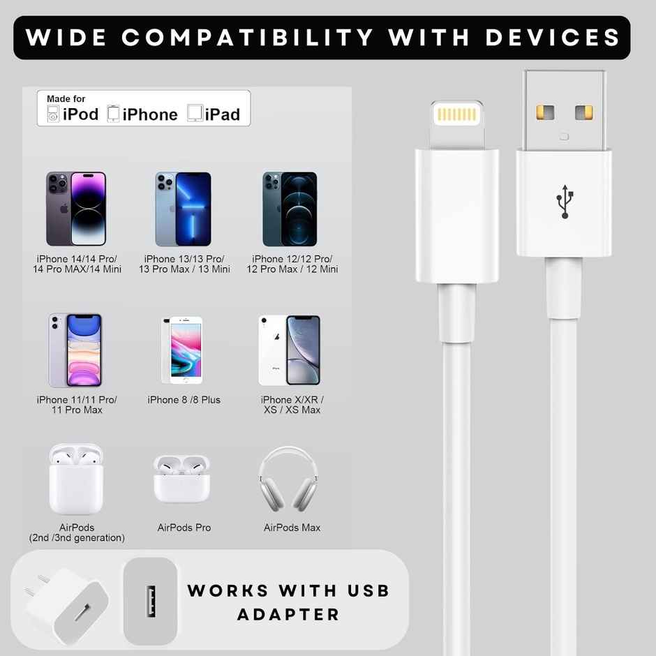 Roarx MFi Certified USB to Lightning Charging Cable (for iPhone, Supports Apple CarPlay & Data Transfer) - White
