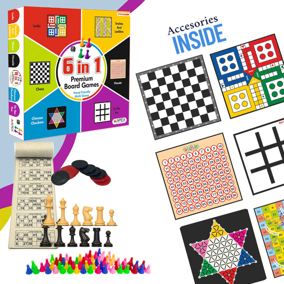 Apex 6 in 1 Premium Board Game Set | Chess, Ludo, Snakes & Ladders | Family Game