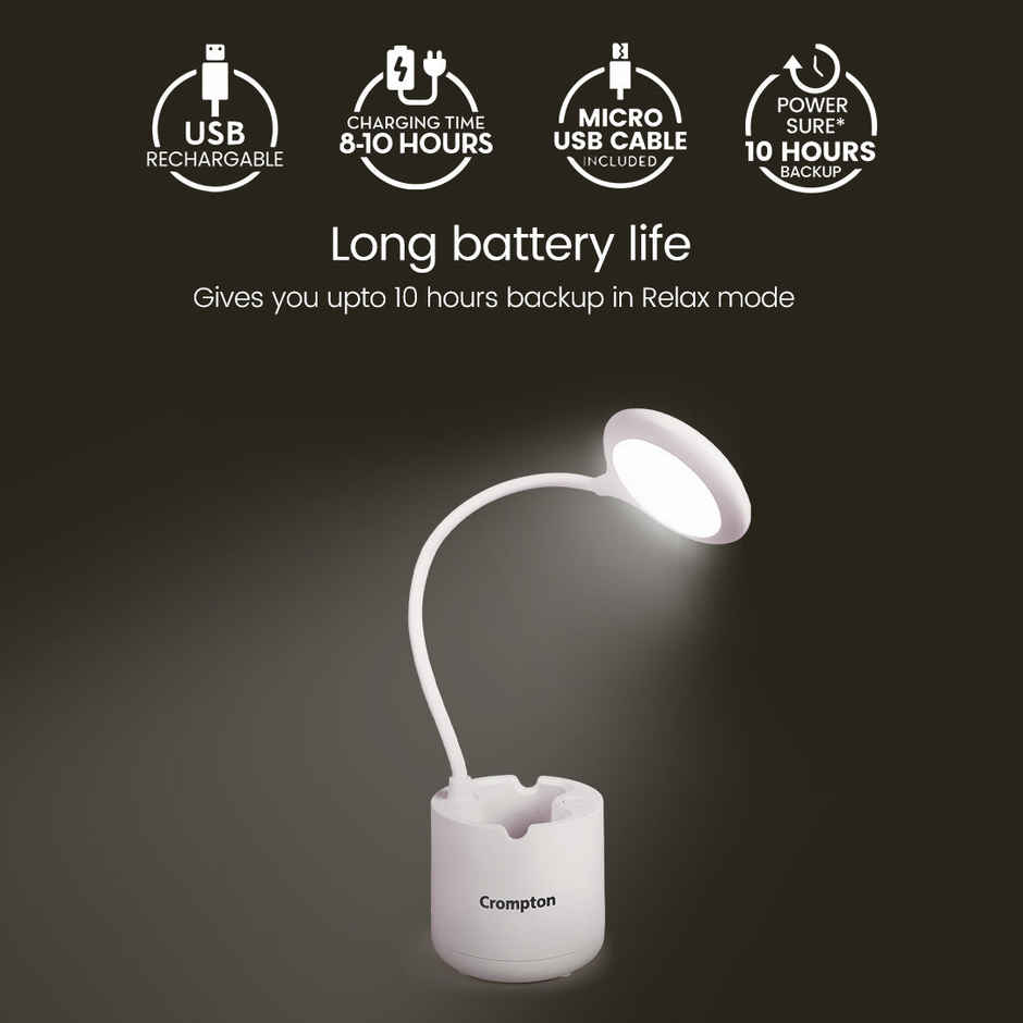 Crompton Rovello 6W Led Table Lamp | Rechargeable Upto 10 Hours Battery Back Up 360 Degree Flexible