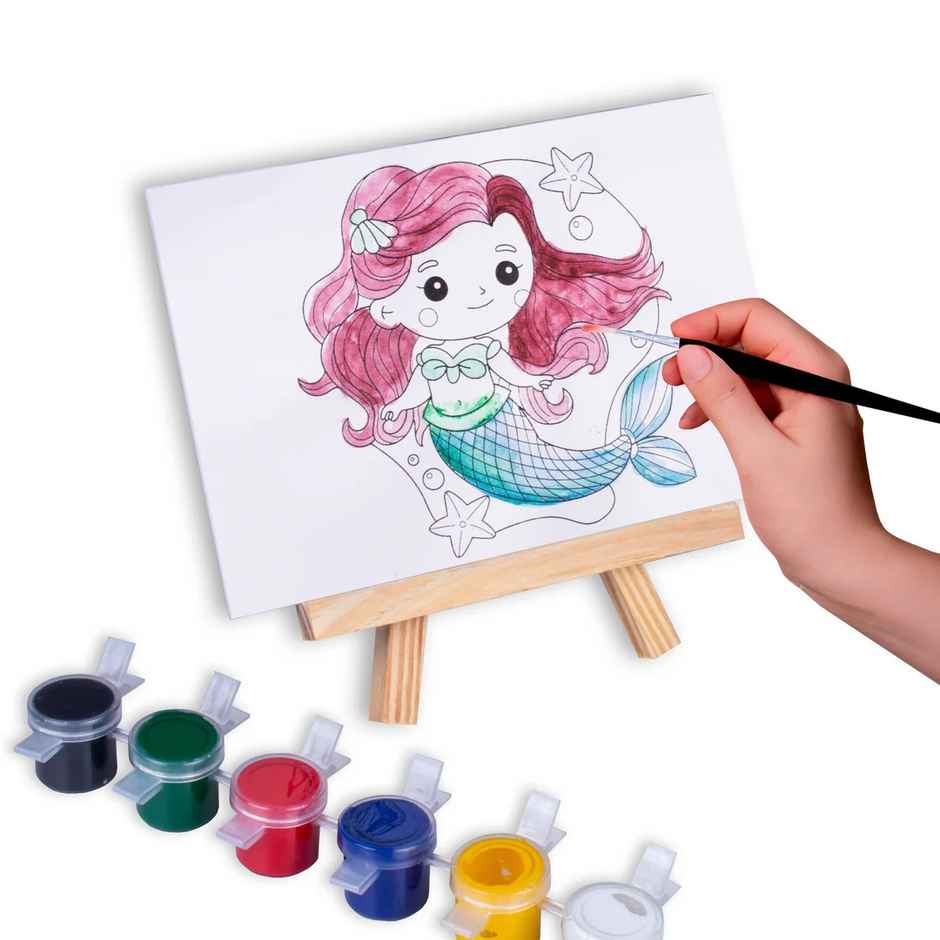 Itsy Bitsy Paintable Pre-printed Panel With Easel & Colours Little Mermaid 4x6 Inch Size 11cm