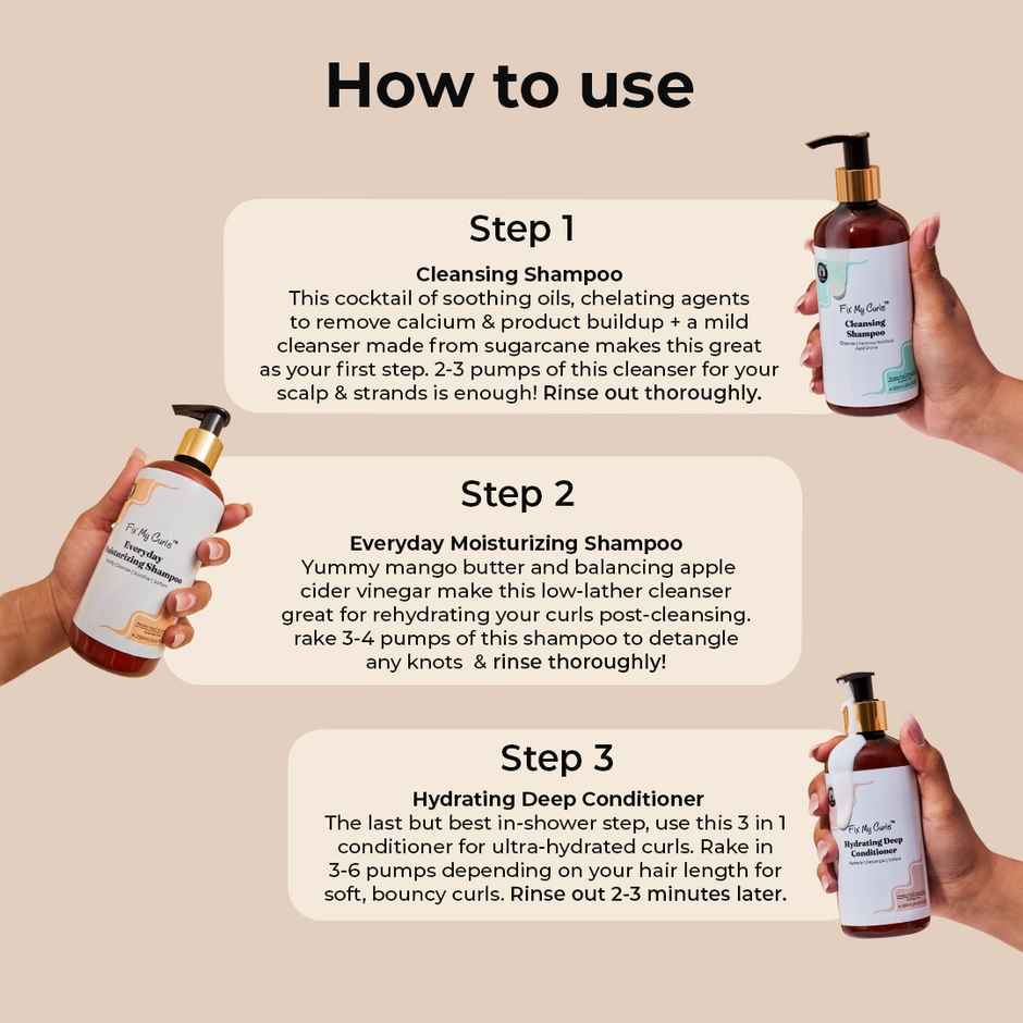 Fix My Curls Wash Day Bundle| Cleansing Shampoo, Moisturizing Shampoo & Hydrating Deep Conditioner