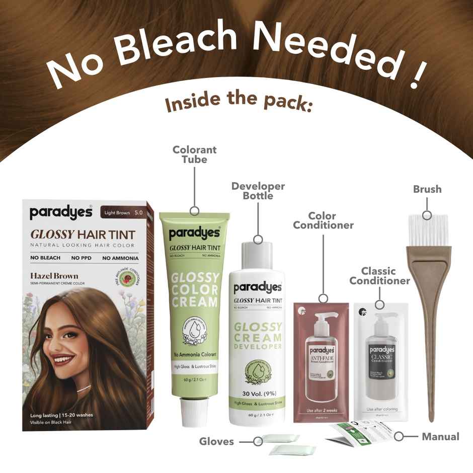 Paradyes No Bleach Hazel Brown Glossy Hair Tint, Ammonia-Free Formula - 5 Light Brown
