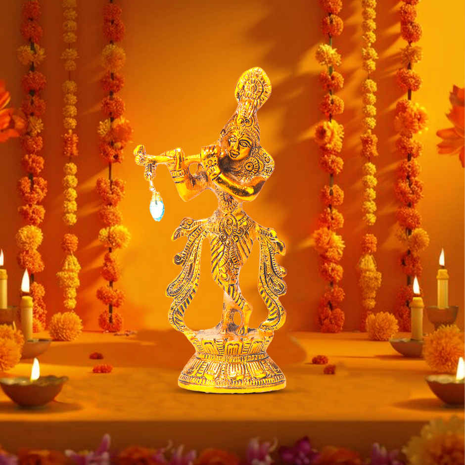 Devnidhii Krishna Ji Idol Bansuriwale On Lotus in Gold Polish