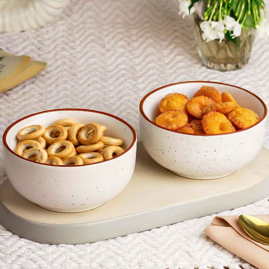 The Earth Store White Marble 2Pc Ceramic Bowl Gift Set, 500 ml Each Microwave Safe, Snack Serving
