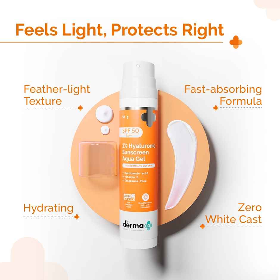 The Derma Co 1% Hyaluronic Sunscreen Aqua Ultra Light Gel With SPF 50 PA++++ For Broad Spectrum UVA UVB & Blue Light Protection Combo