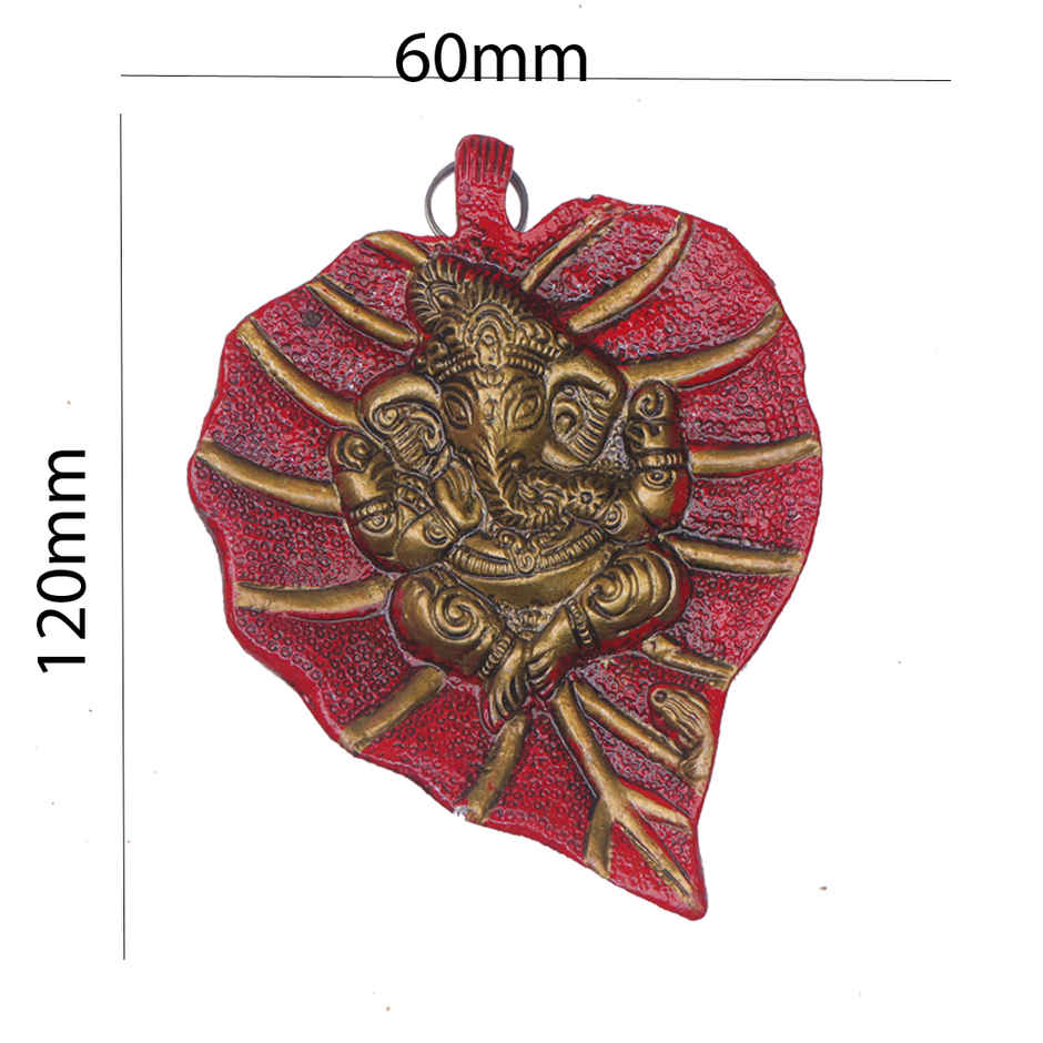 Lord Ganesh on Red Leaf Wall Hanging in Gold Polish | Small Size | Devnidhi