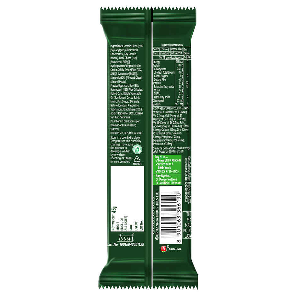 Britannia BeYou 10g Protein Bar Choco Almond | No Added Sugar| 10.8% Prebiotics| High Fibre