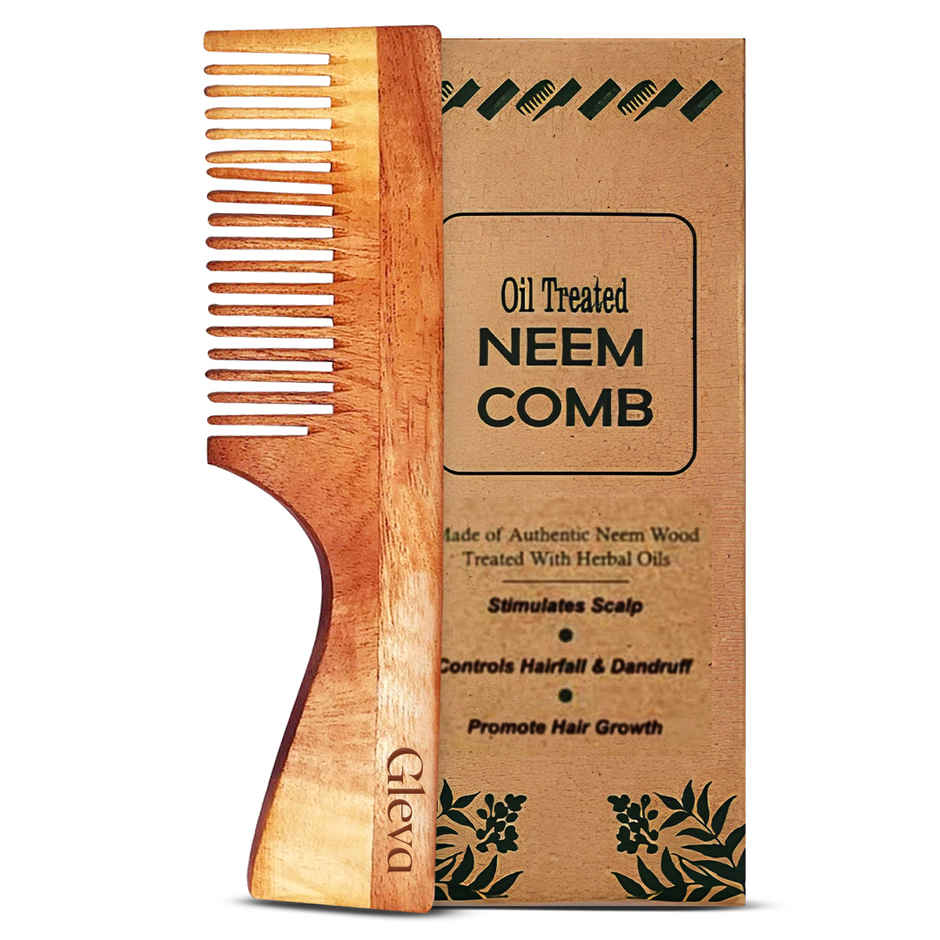 Gleva Natural Neem Wood Hair Comb, Wide Tooth Comb with Handle Anti Frizz Detangling Scalp Massage