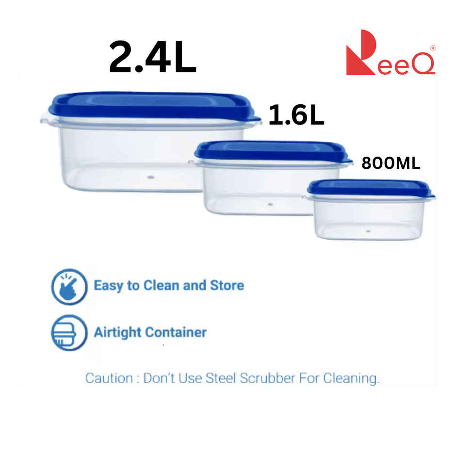 ReeQ Airtight Storage Container Set | Blue Lid - 2.4 L, 1.6 L & 800 ml