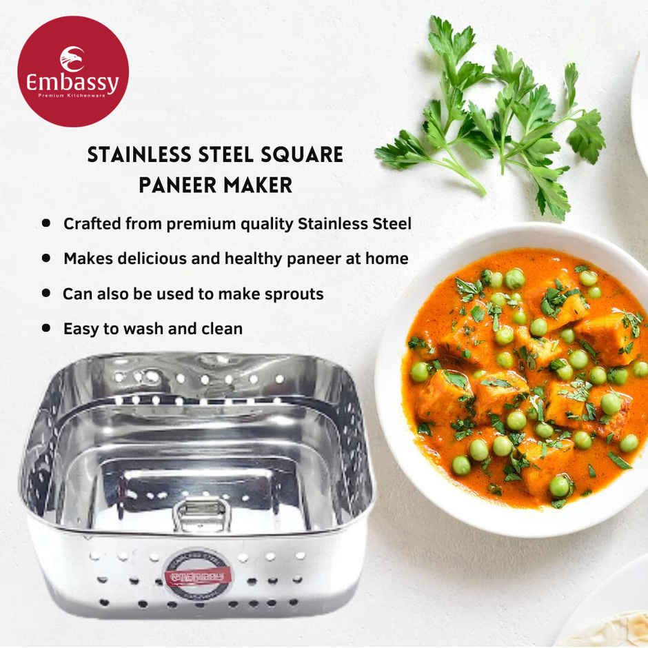 Embassy Square Paneer Mould, 400 ml, Size 2, Premium Stainless Steel Paneer / Tofu Maker
