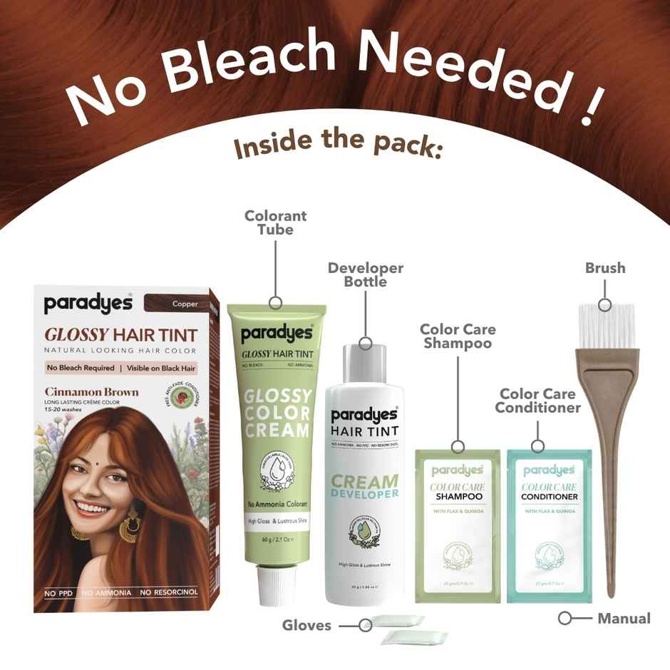 Paradyes No Bleach Cinnamon Brown Glossy Hair Tint, Ammonia|free Hair Color for Natural Black Hair