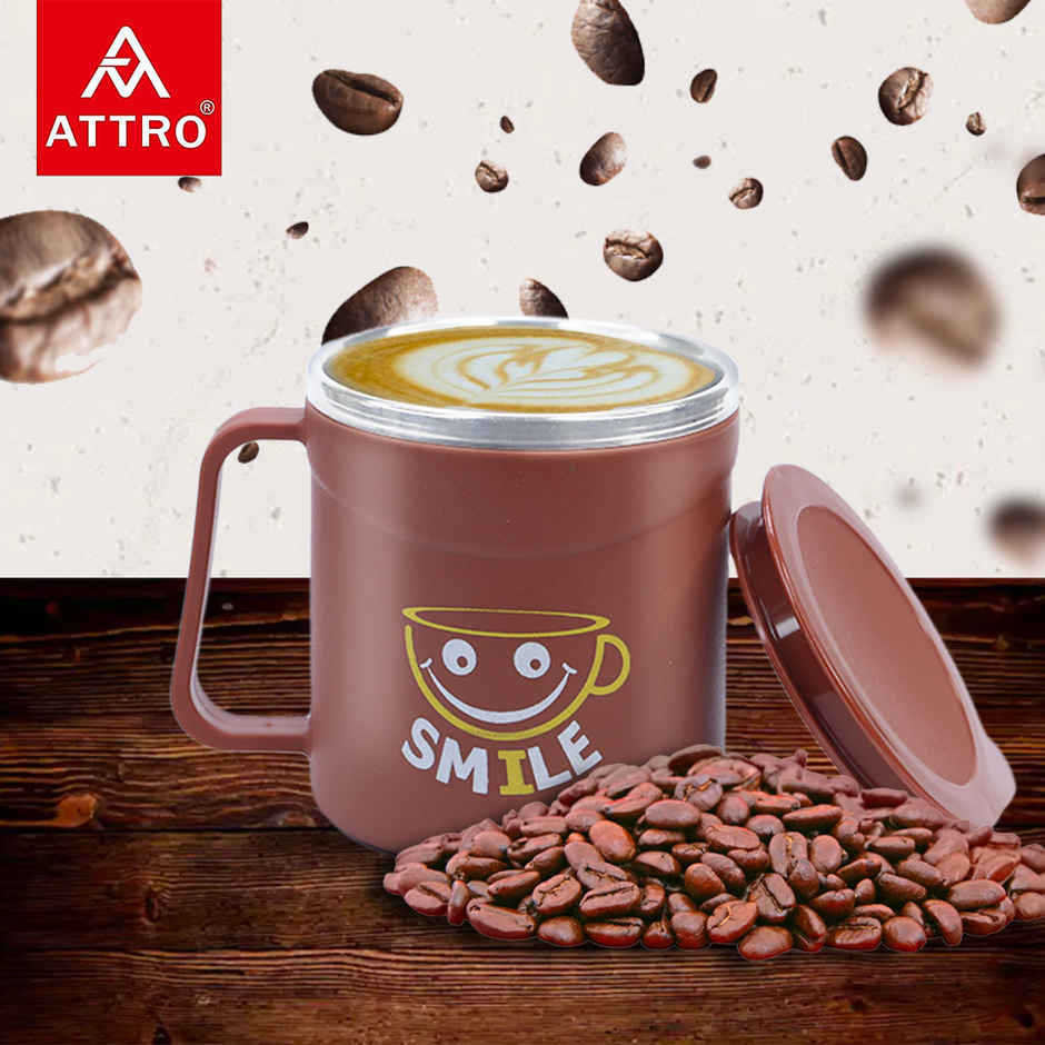 Attro Happy Mug | Double Wall Stainless Steel Lid | Cup for Hot Coffee-Tea | 300 ml | Red