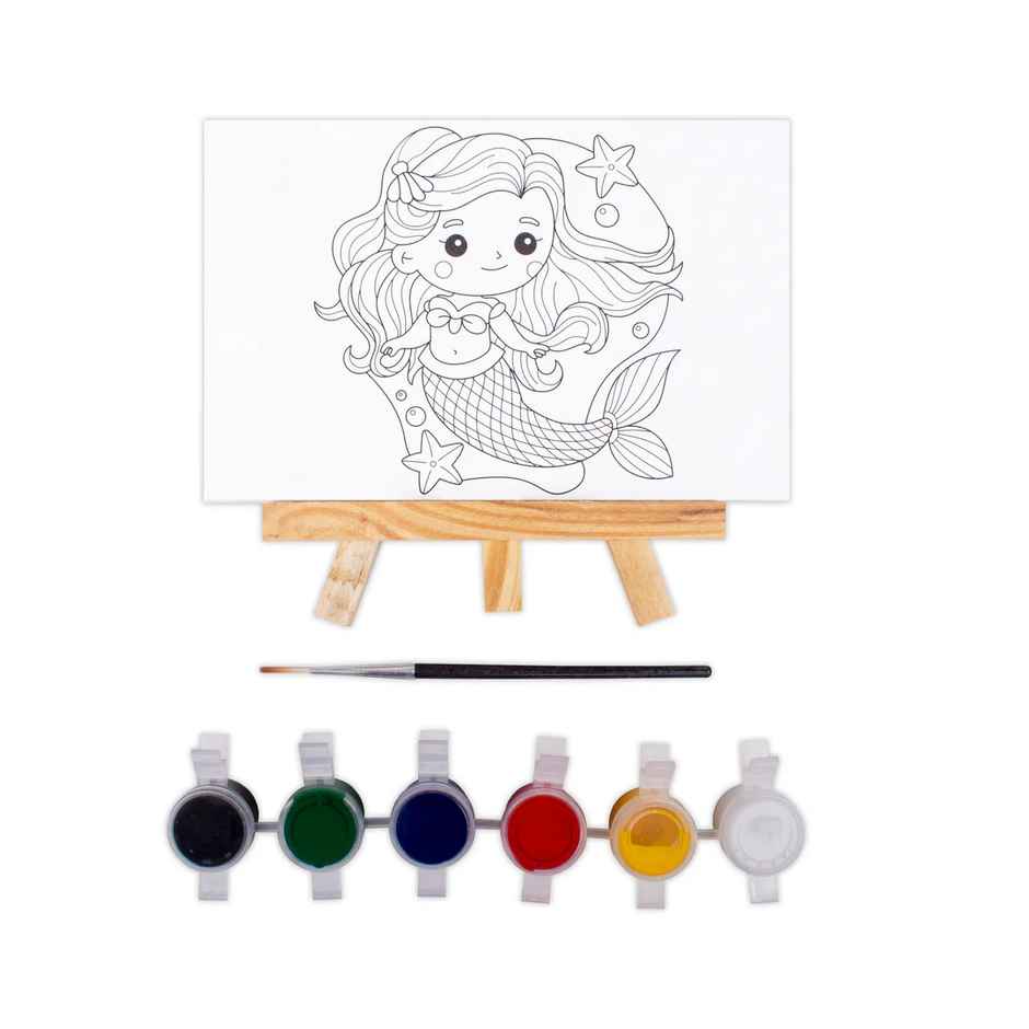 Itsy Bitsy Paintable Pre-printed Panel With Easel & Colours Little Mermaid 4x6 Inch Size 11cm