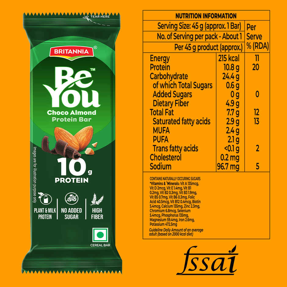 Britannia BeYou 10g Protein Bar Choco Almond | No Added Sugar| 10.8% Prebiotics| High Fibre