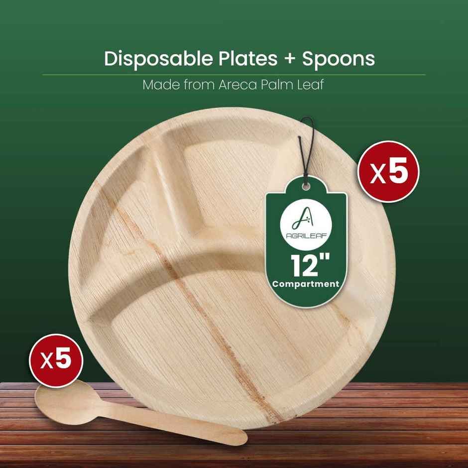AGRILEAF 12 Inch Round 4-Compartment Areca Palm Leaf Disposable 5 Plates with 5 Spoons