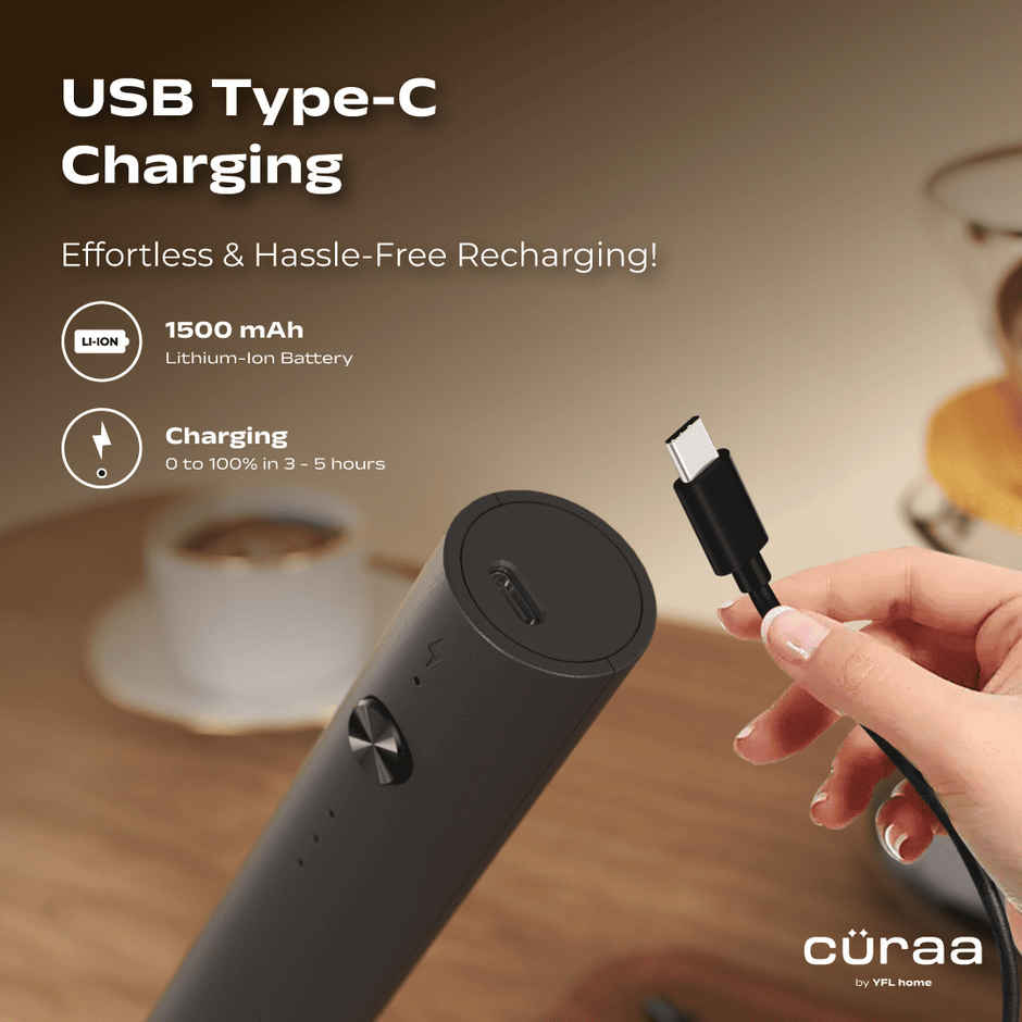 Curaa by YFL Home 10W Milk Frother for Coffee, 3 Speed Electric Milk Frother for Coffee, Lattes, Milk, Hot Chocolates & Cream, Handheld, Portable, Rechargeable Frother with Stand & Whisker - Black