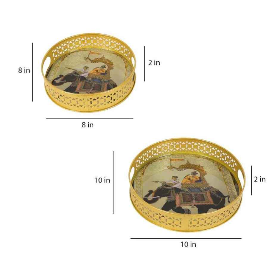 Homeharmony Round Tray | Royal Elephant Pichwai Tray | Size = 8 Inch and 10 Inch | Set Of 2