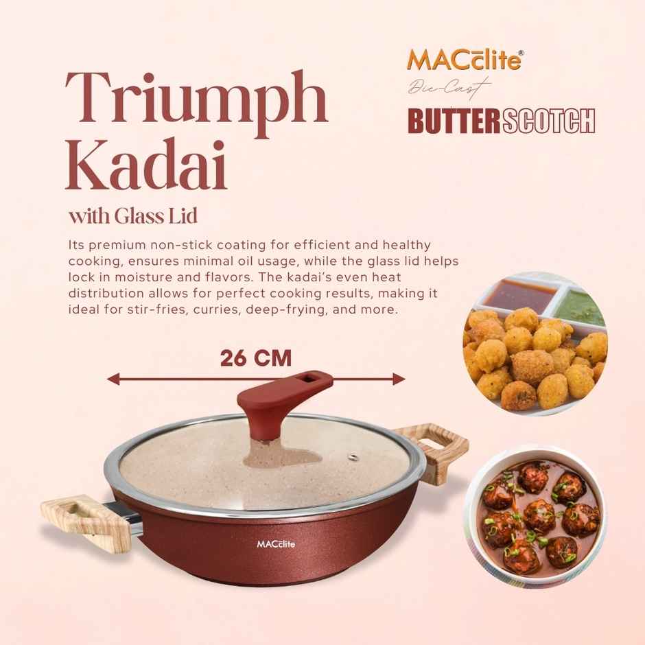 Macclite Non-Stick Kadai | 26 cm | Glass Lid | Induction Compatible