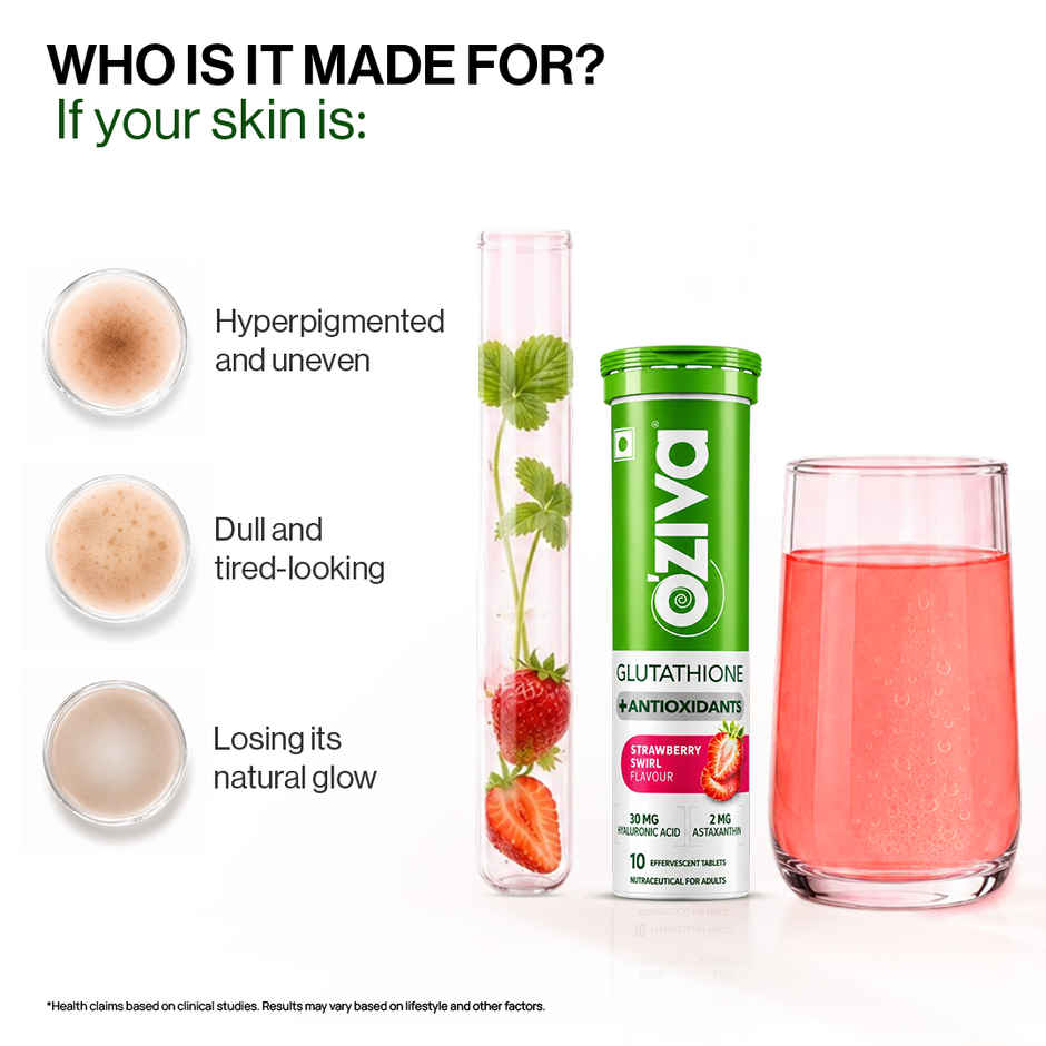 Oziva Bioactive Glutathione Vitamin C fizzy Tablets for Skin glow & Anti-Pigmentation - Strawberry