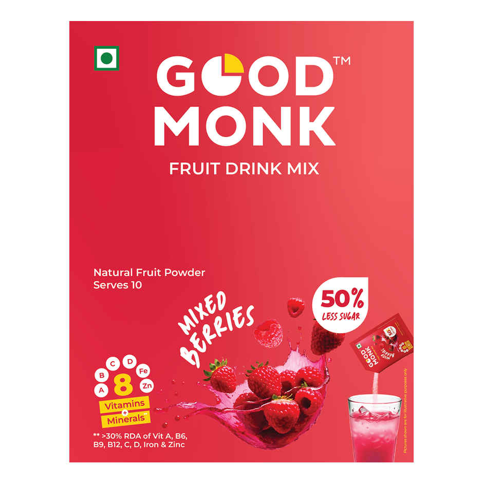 Good Monk Instant Fruit Drink Mix - Natural Mixed Berries Powder | 50% Less Sugar | With 8 Vitamins