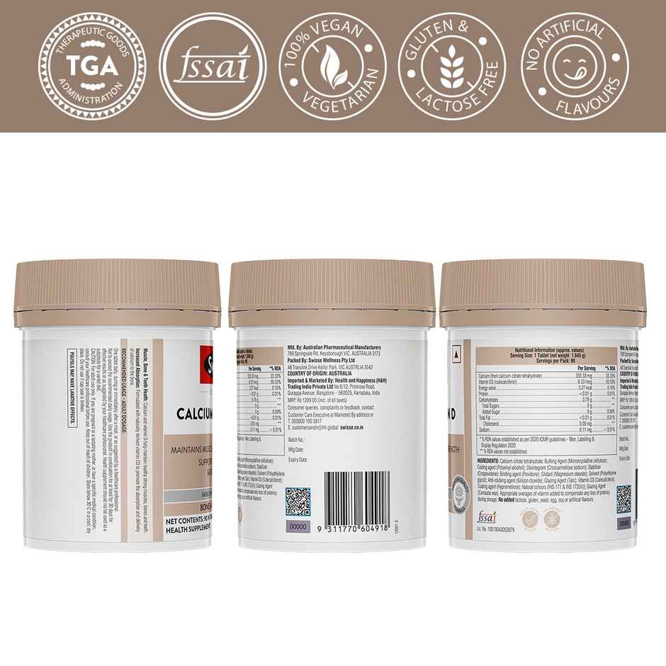 Swisse Calcium + Vitamin D - Supports Stronger Bones, Immunity & Muscle Health - Pack Of 90 Tablets