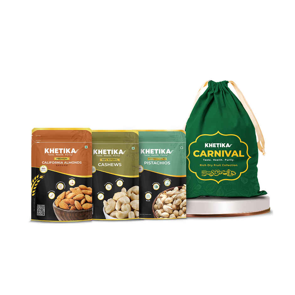 Khetika Dry Fruits Celebration Trio Dry Fruits Gift Potli Almonds, Cashews, & Pistachios
