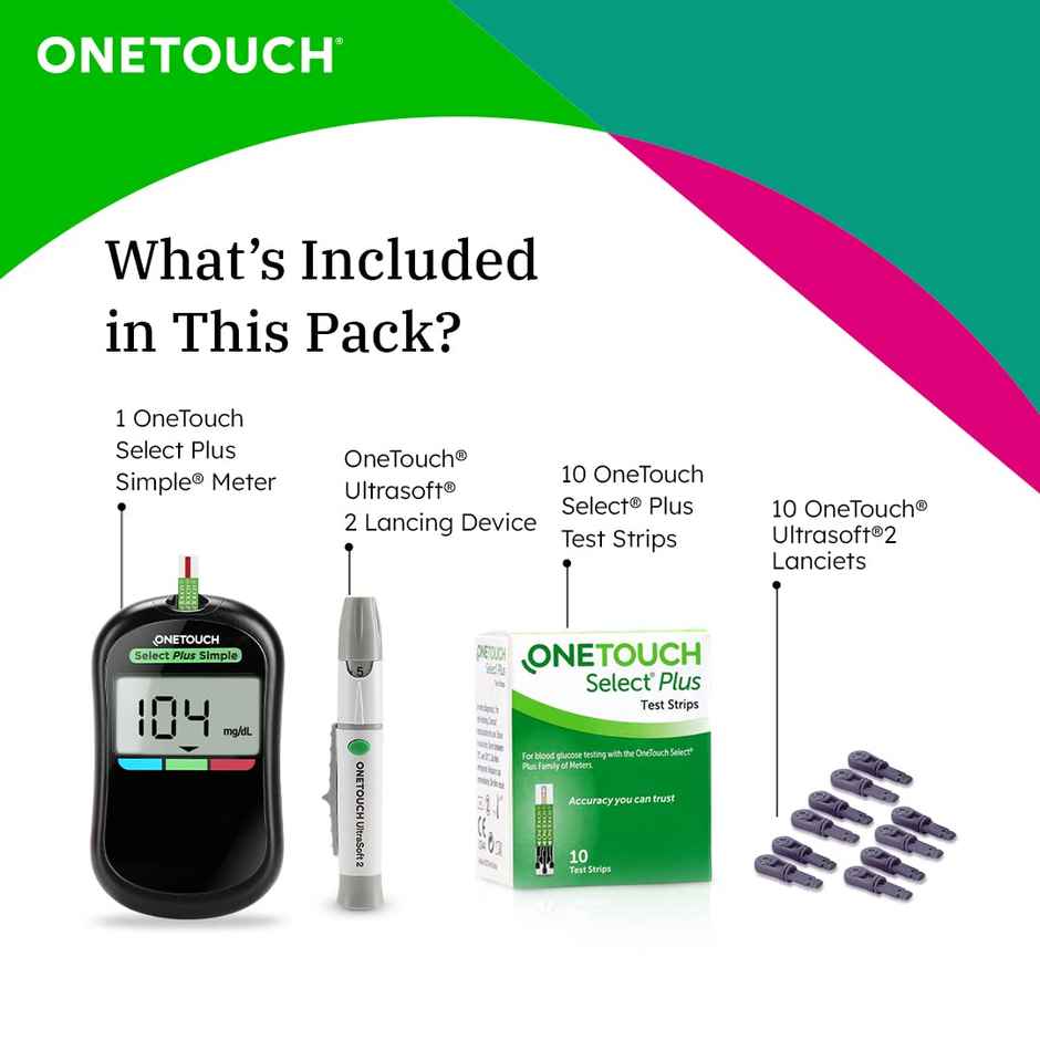 OneTouch Select Plus Simple Glucometer With Free 10 Test Strip, 10 Sterile Lancets And 1 Lancing Device Kit