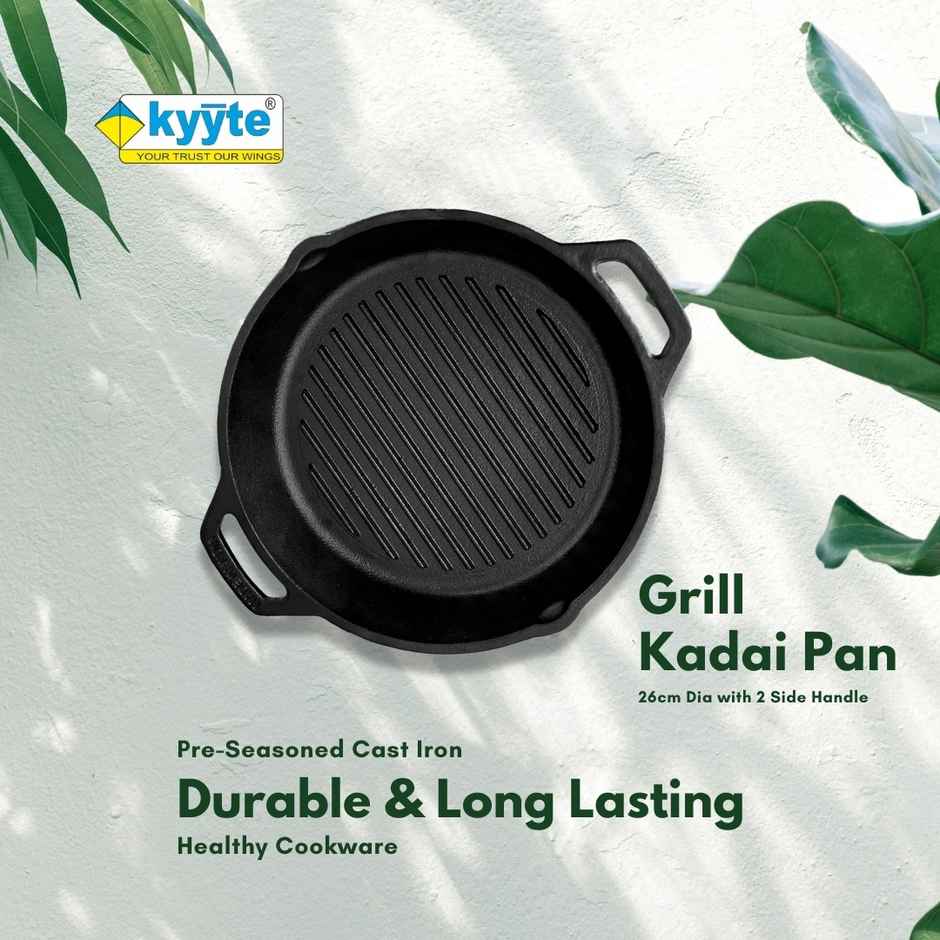 Kyyte Cast Iron Pre Seasoned Grill Skillet/ Kadai Pan 26cm Dia 10 Inch2 Side Handle