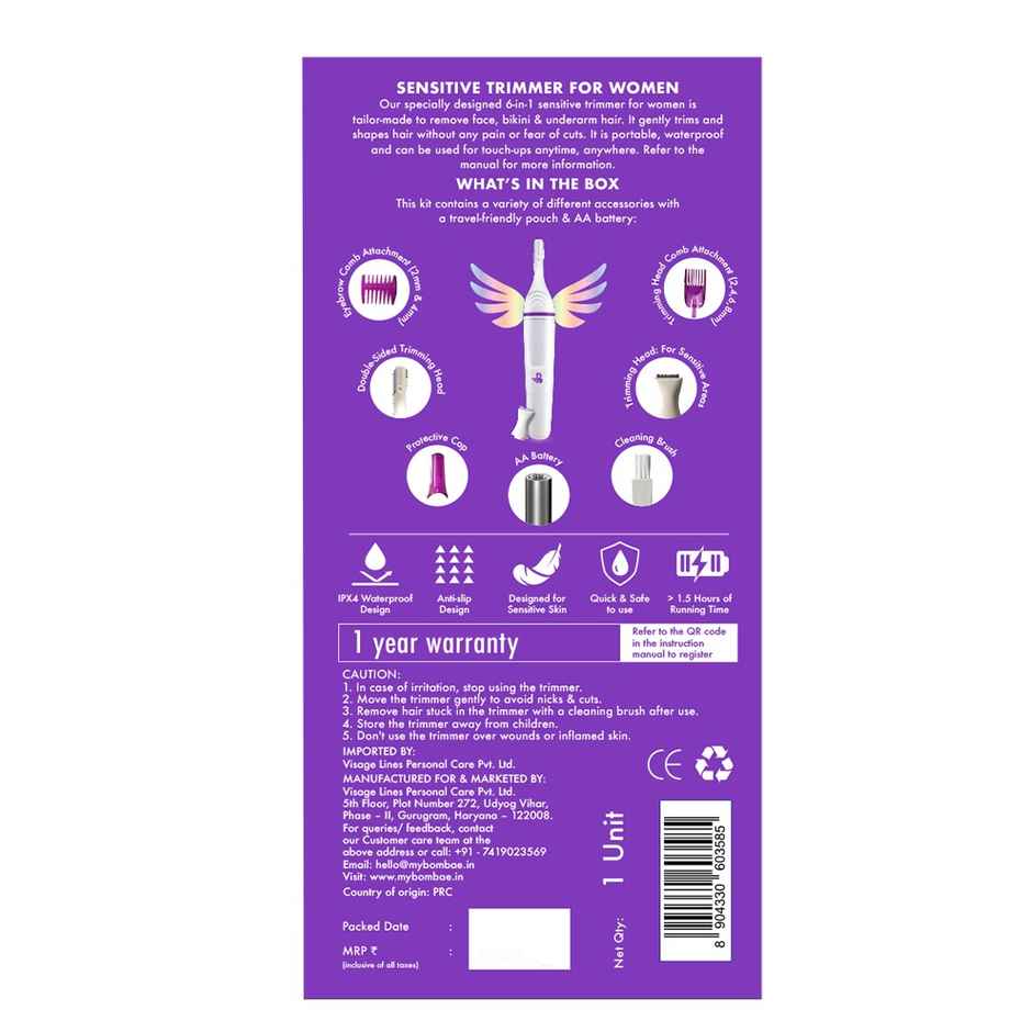 Bombae 6-in-1 Trimmer for Bikini & Facial Hair Removal